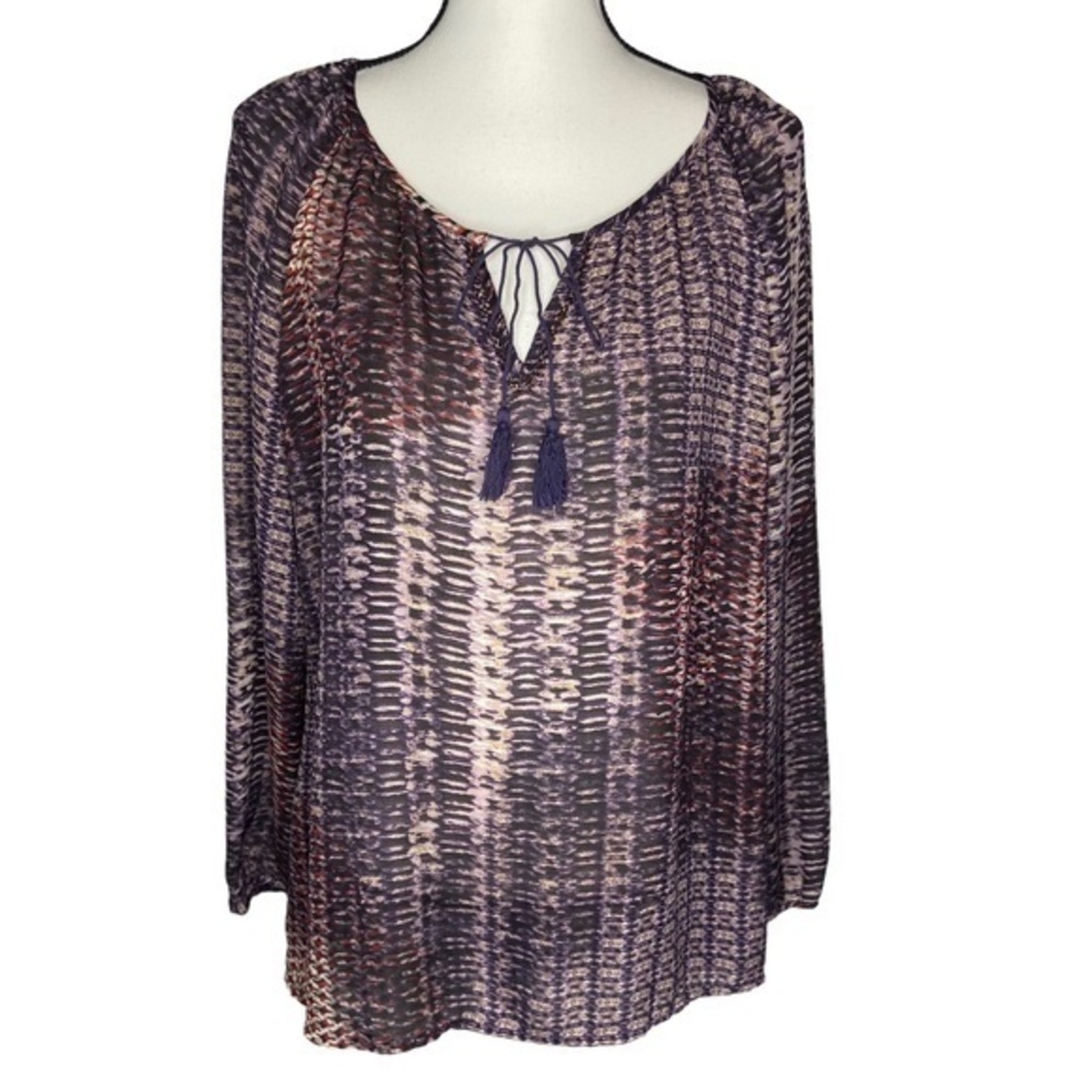 Dressbarn Top Print Long‎ Sleeve Elastic Cuff Sheer Blouse Neck Tie Detail Sz L